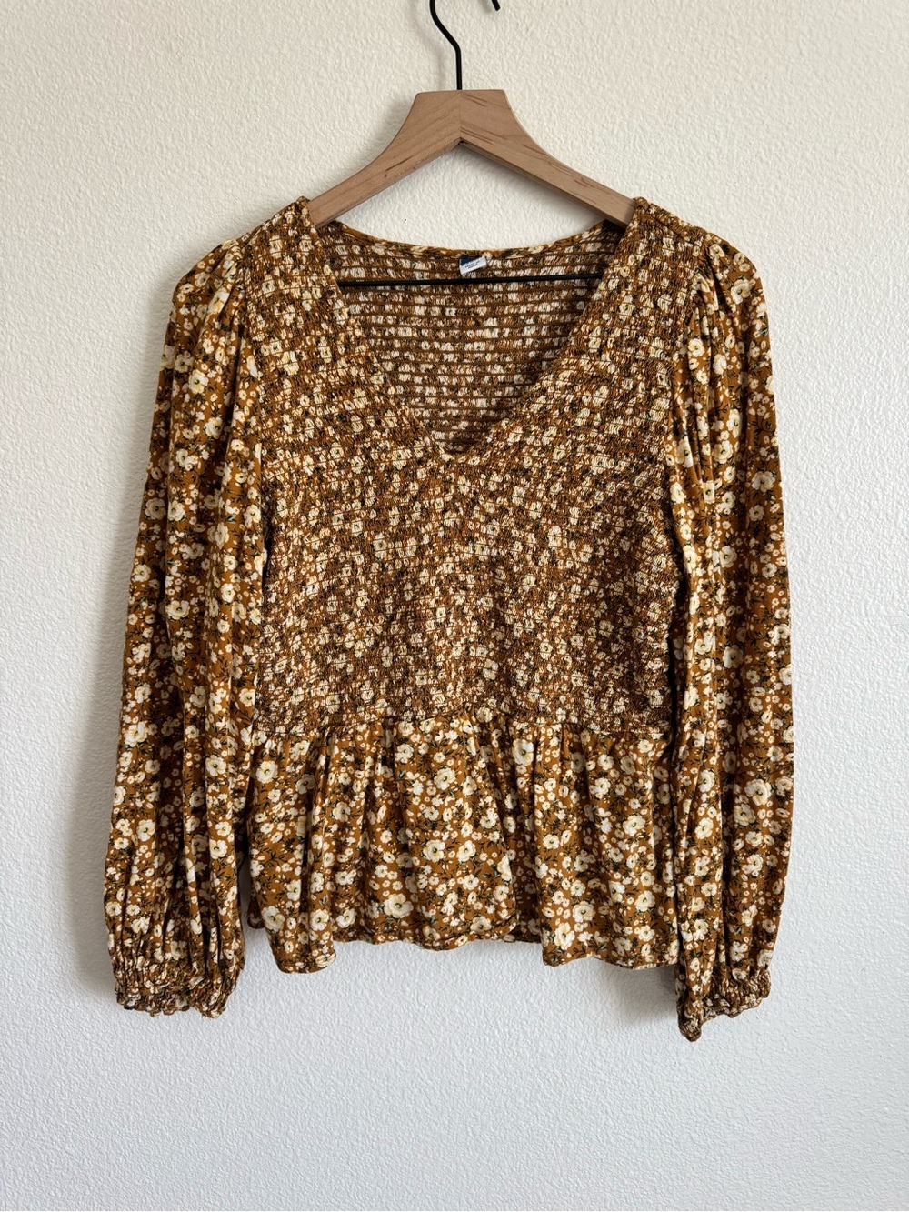 Floral Print Mustard Peplum Long Sleeve Top Size L